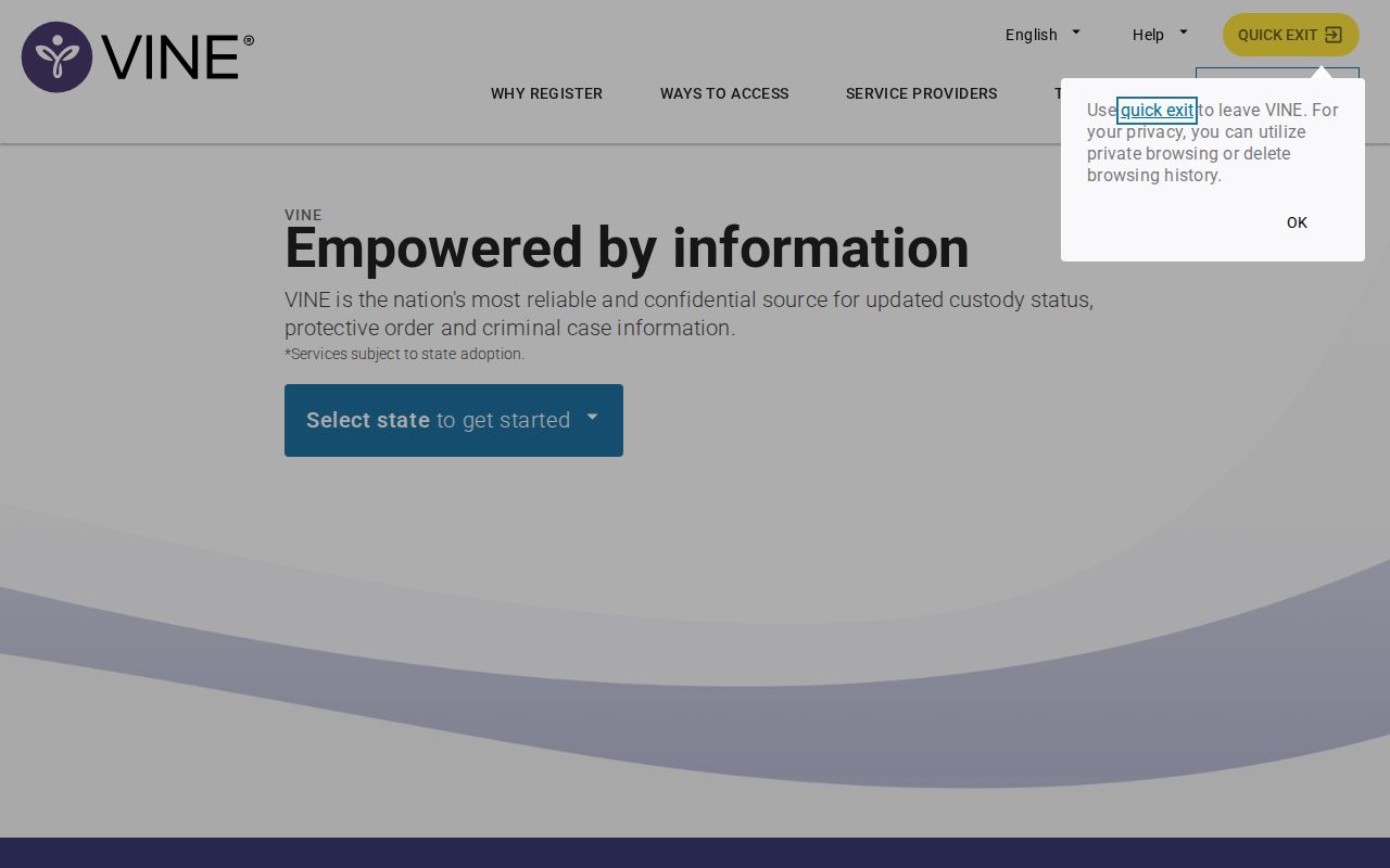 Oceana County VINE inmate check state selection screen