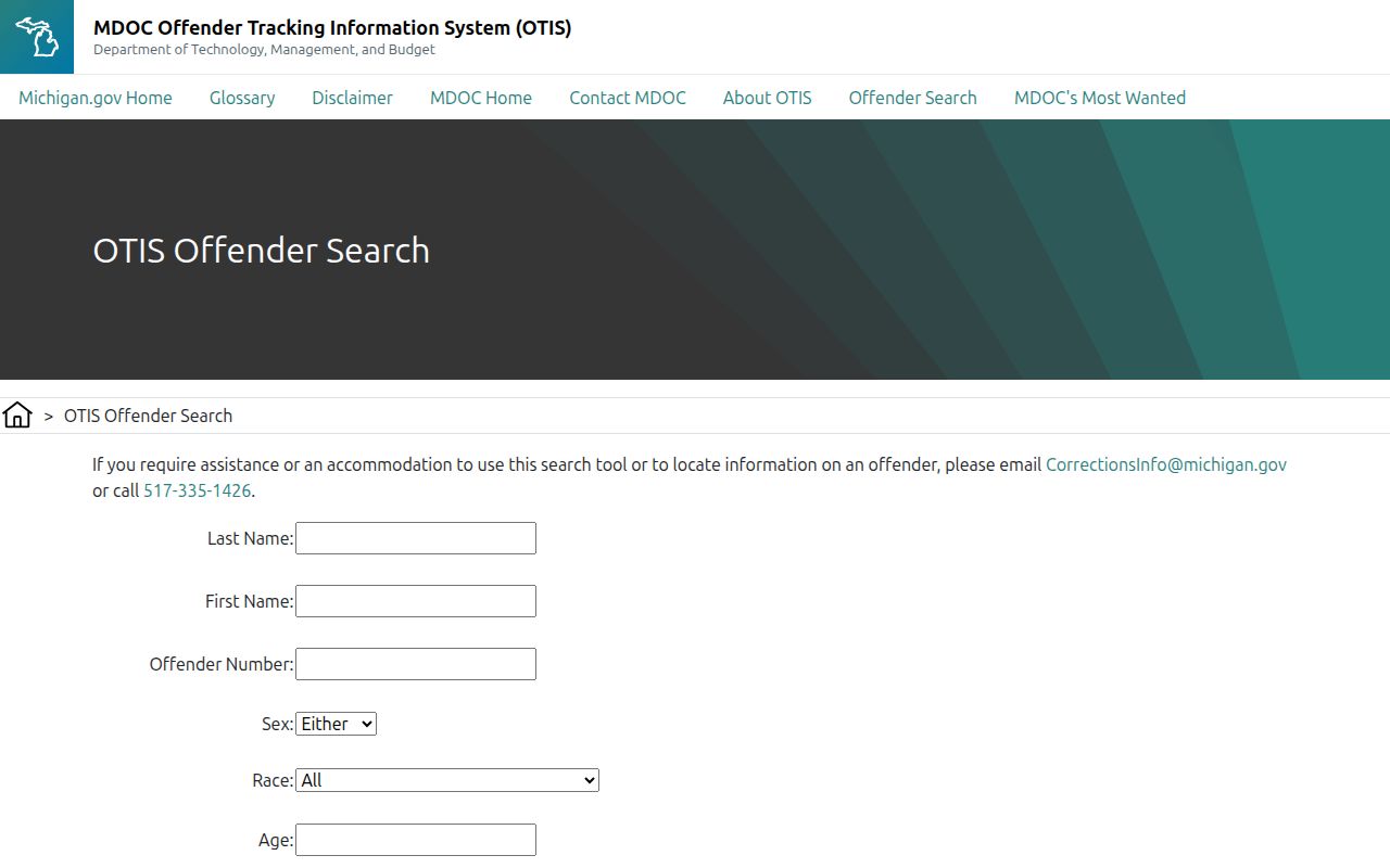 OTIS search form for Oceana County released inmate records