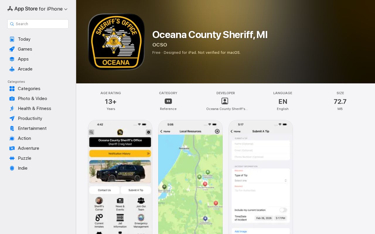 Oceana County Sheriff app listing used to check current inmate information, not a 24-hour release list