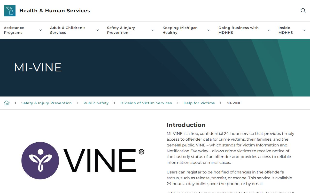 Official MI-VINE notice information for Oceana County Jail release and transfer events